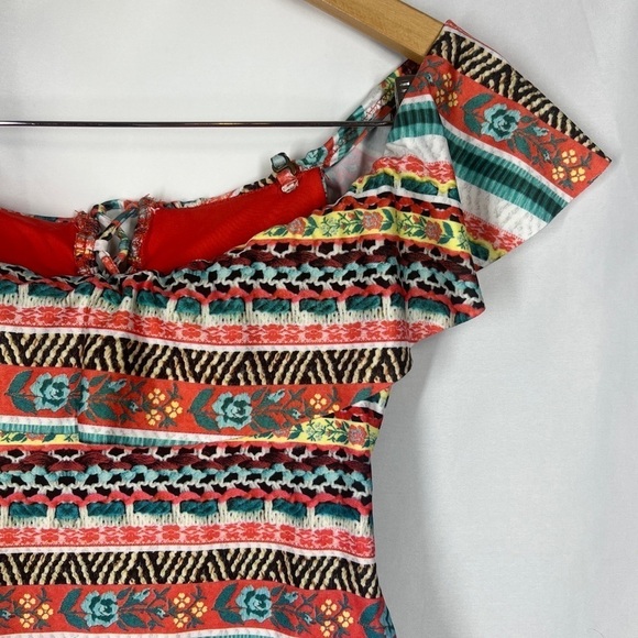 Becca Swimsuit Off Shoulder One Piece Ruffle with Neck Tie Aztec Boho Small - Picture 6 of 11